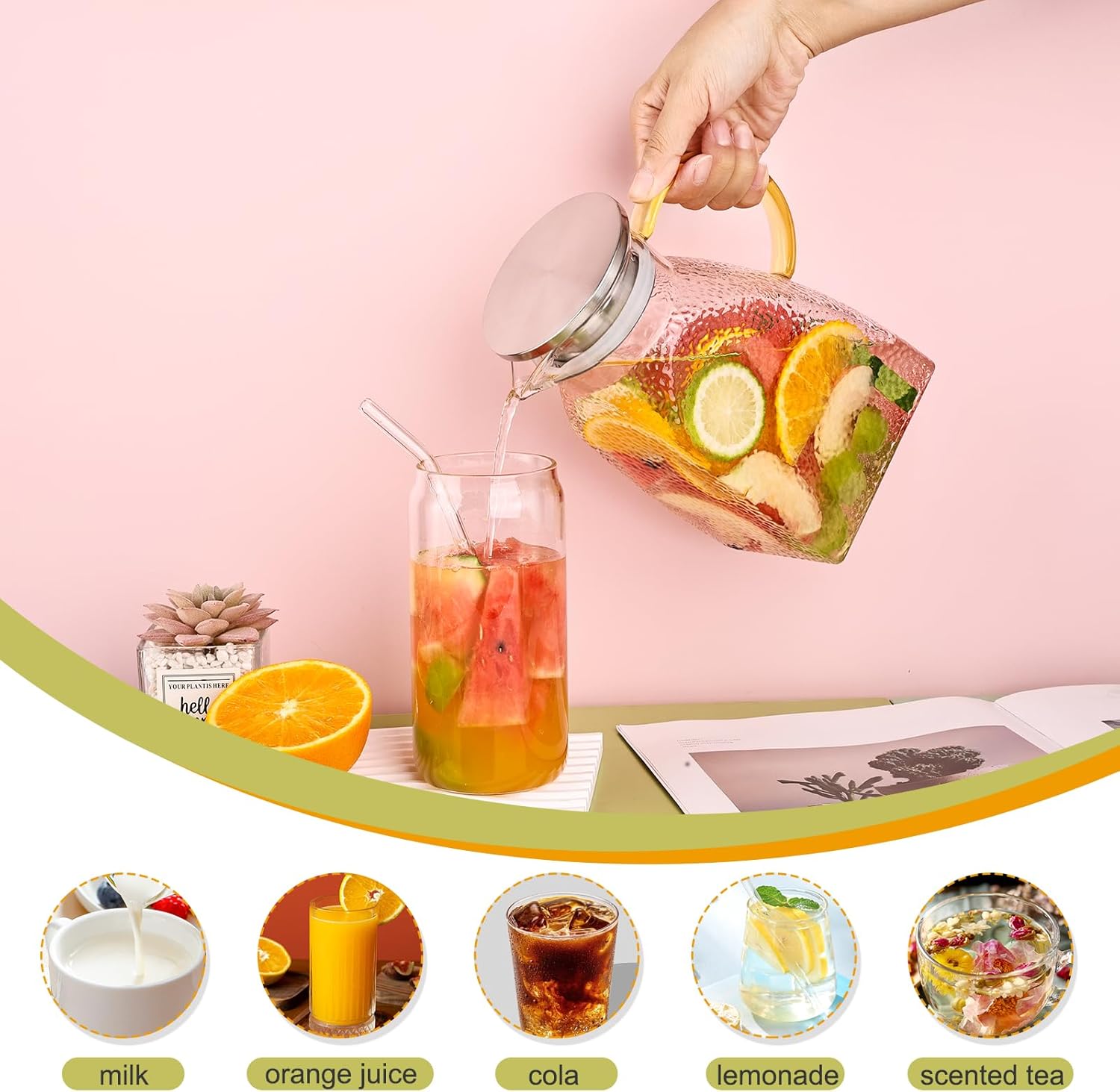 Glass Pitcher With Lid and Handle, Water Pitcher For Fridge, Ice Tea Carafe for Cold Brew, Drinks, Lemonade, Juice, Coffee, Beverage, Fruit, 1.4 Liters 47oz, Clear, Borosilicate